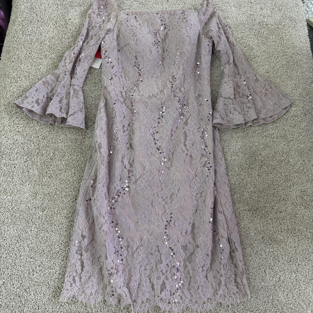 JJ's House Dress Womens 8 Purple Lace Sequin Bell Sleeve Sheath Midi Formal